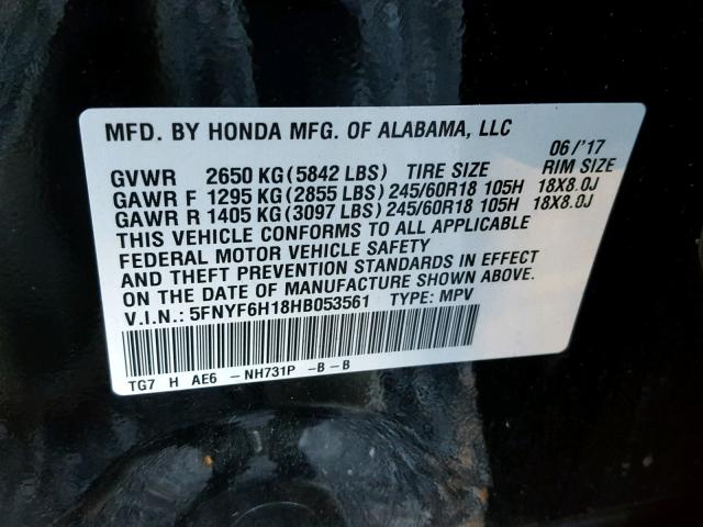 5FNYF6H18HB053561 - 2017 HONDA PILOT LX BLACK photo 10