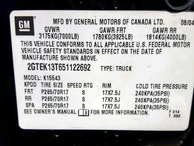 2GTEK13T651122692 - 2005 GMC NEW SIERRA BLACK photo 10