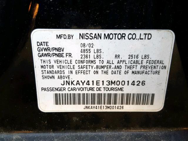 JNKAY41E13M001426 - 2003 INFINITI M45 BLACK photo 10