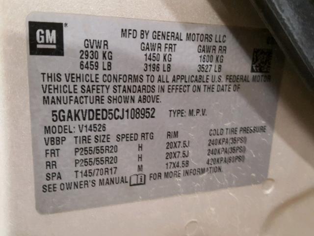 5GAKVDED5CJ108952 - 2012 BUICK ENCLAVE CREAM photo 10