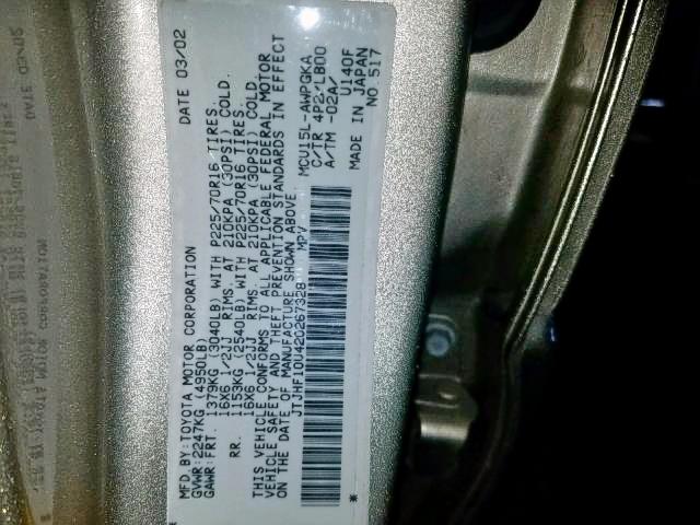 JTJHF10U420267328 - 2002 LEXUS RX 300 GOLD photo 10