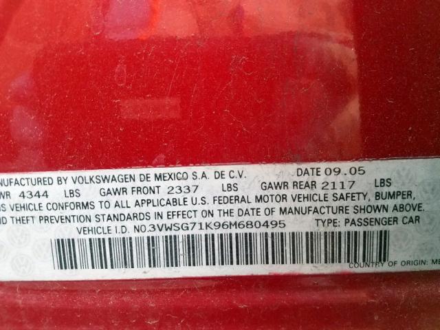 3VWSG71K96M680495 - 2006 VOLKSWAGEN JETTA 2.5 RED photo 10