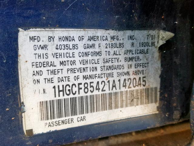 1HGCF85421A142045 - 2001 HONDA ACCORD DX BLUE photo 10