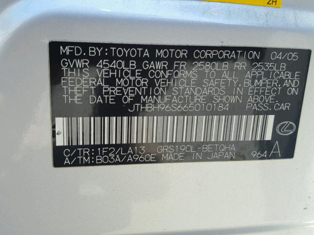 JTHBH96S665010184 - 2006 LEXUS GS GENERAT SILVER photo 10