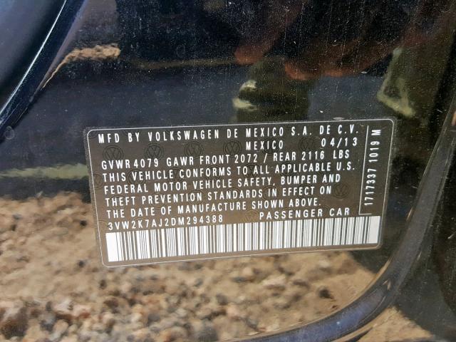 3VW2K7AJ2DM294388 - 2013 VOLKSWAGEN JETTA BASE 黑色 照片 10
