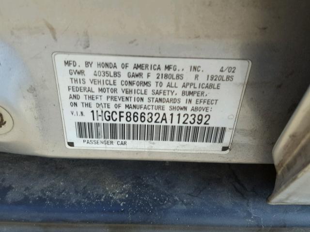 1HGCF86632A112392 - 2002 HONDA ACCORD VAL SILVER photo 10