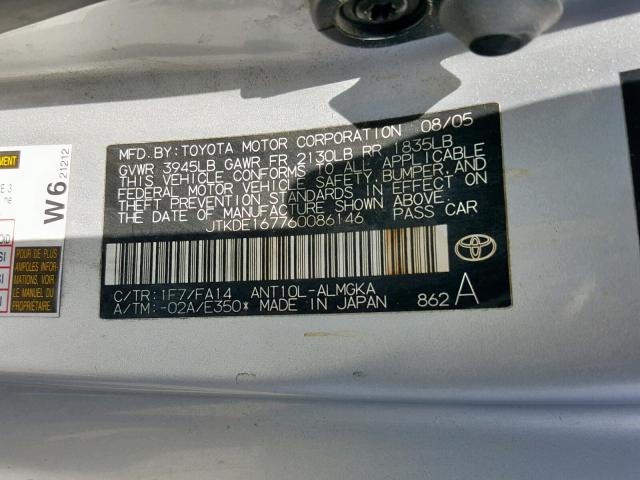 JTKDE167760086146 - 2006 TOYOTA SCION TC ვერცხლისფერი ფოტო 10