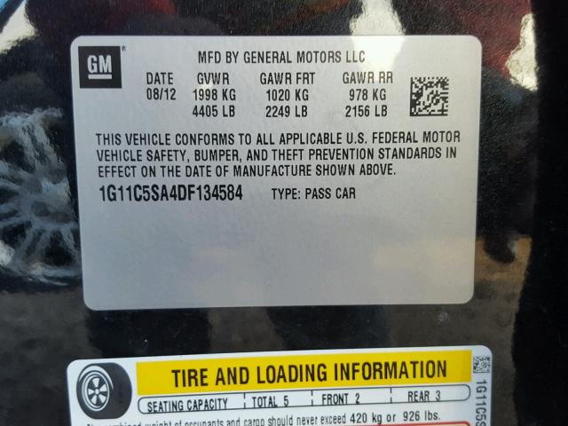 1G11C5SA4DF134584 - 2013 CHEVROLET MALIBU 1LT BLACK photo 10