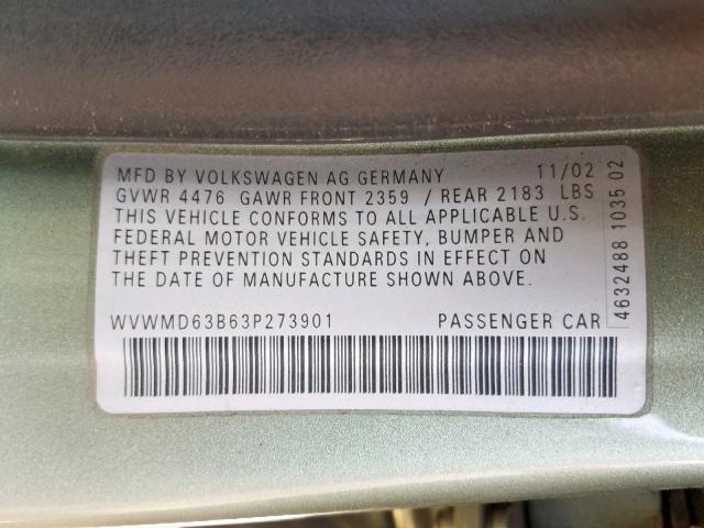 WVWMD63B63P273901 - 2003 VOLKSWAGEN PASSAT GL GREEN photo 10