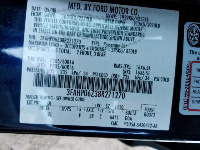 3FAHP06Z38R271270 - 2008 FORD FUSION S BLUE photo 10