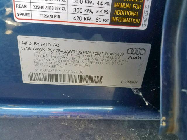 WAUKD78P57A037036 - 2007 AUDI A3 S-LINE BLUE photo 10