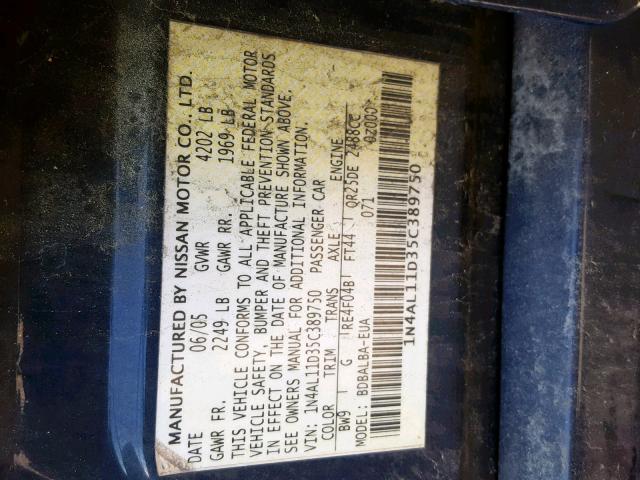 1N4AL11D35C389750 - 2005 NISSAN ALTIMA S BLACK photo 10