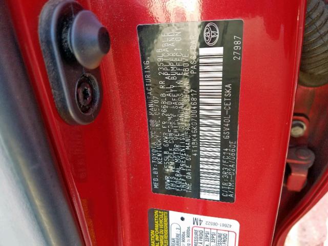 4T1BK46K07U046817 - 2007 TOYOTA CAMRY NEW RED photo 10