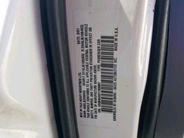 4S3BH645317309867 - 2001 SUBARU LEGACY GT WHITE photo 10