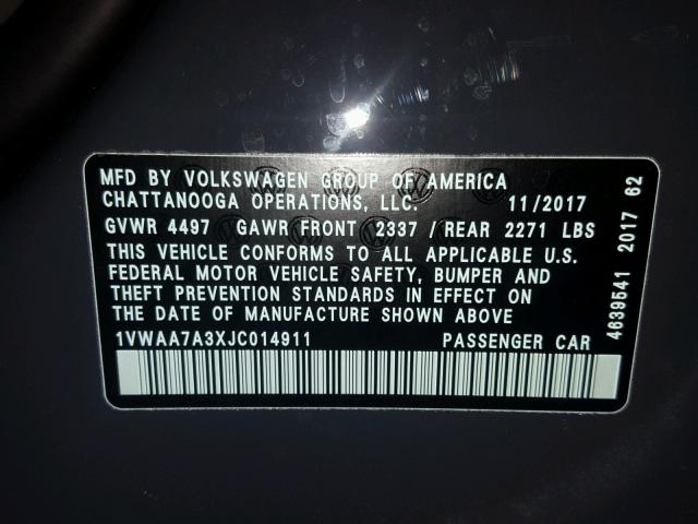 1VWAA7A3XJC014911 - 2018 VOLKSWAGEN PASSAT S GRAY photo 10