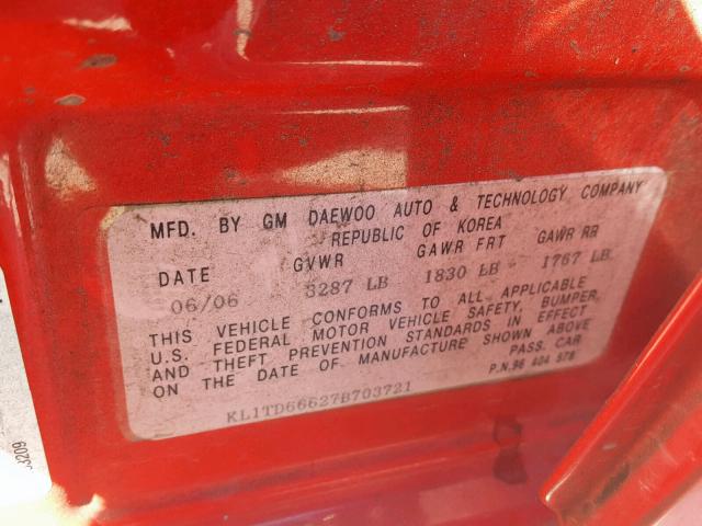 KL1TD66627B703721 - 2007 CHEVROLET AVEO BASE Қызыл фото 10