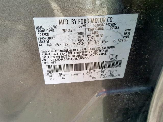 2FMDK38C49BA95777 - 2009 FORD EDGE SEL GRAY photo 10