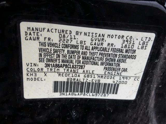 3N1AB6AP8CL637287 - 2012 NISSAN SENTRA 2.0 BLACK photo 10