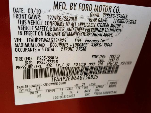 1FAHP2EW6AG156825 - 2010 FORD TAURUS SEL MAROON photo 10