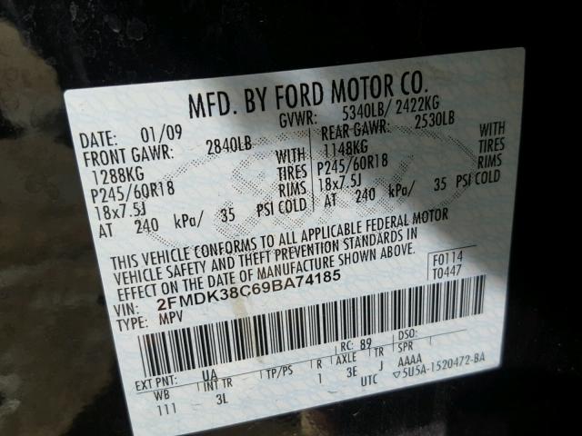 2FMDK38C69BA74185 - 2009 FORD EDGE SEL BLACK photo 10