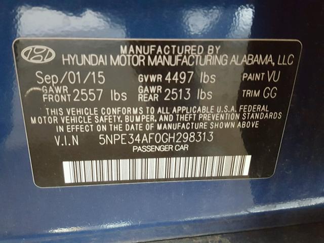 5NPE34AF0GH298313 - 2016 HYUNDAI SONATA SPO BLUE photo 10