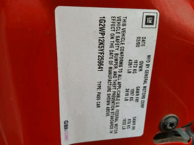 1G2WP12K5YF259641 - 2000 PONTIAC GRAND PRIX RED photo 10