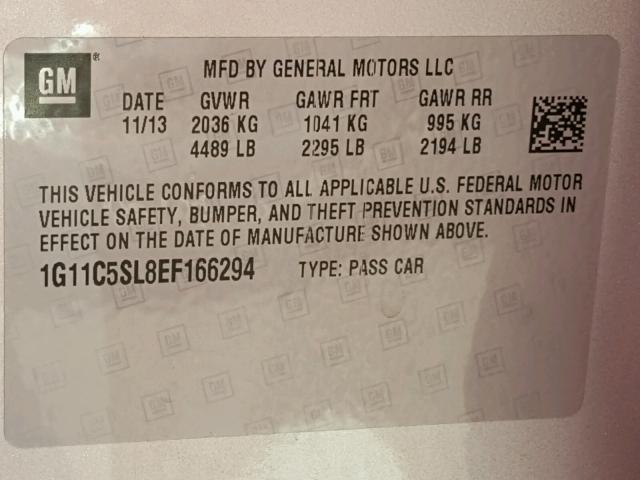 1G11C5SL8EF166294 - 2014 CHEVROLET MALIBU 1LT SILVER photo 10