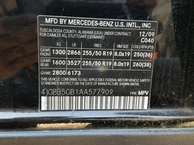 4JGBB5GB1AA577909 - 2010 MERCEDES-BENZ ML 350 BLACK photo 10