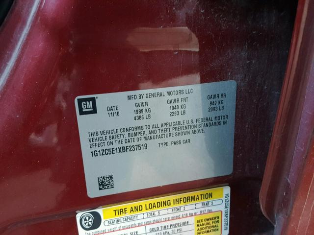 1G1ZC5E1XBF237519 - 2011 CHEVROLET MALIBU 1LT RED photo 10