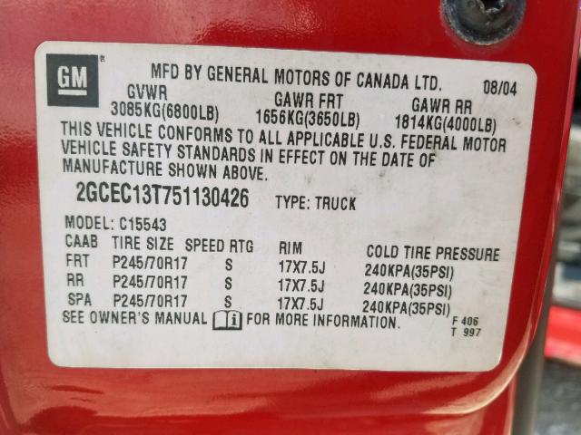 2GCEC13T751130426 - 2005 CHEVROLET SILVERADO RED photo 10