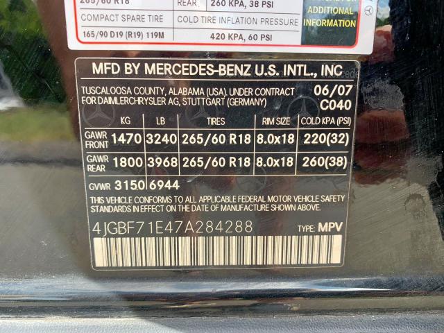 4JGBF71E47A284288 - 2007 MERCEDES-BENZ GL 450 4MA BLACK photo 10