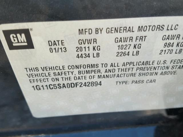 1G11C5SA0DF242894 - 2013 CHEVROLET MALIBU 1LT BLACK photo 10