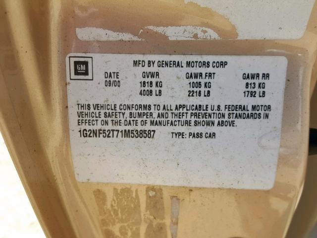 1G2NF52T71M538587 - 2001 PONTIAC GRAND AM S GOLD photo 10