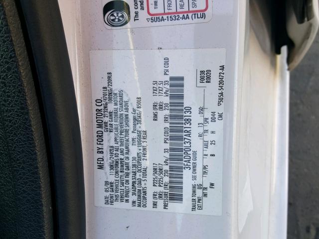 3FADP0L37AR138130 - 2010 FORD FUSION HYB WHITE photo 10