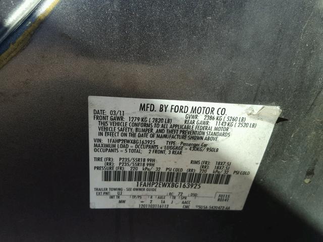 1FAHP2EWXBG163925 - 2011 FORD TAURUS SEL CHARCOAL photo 10