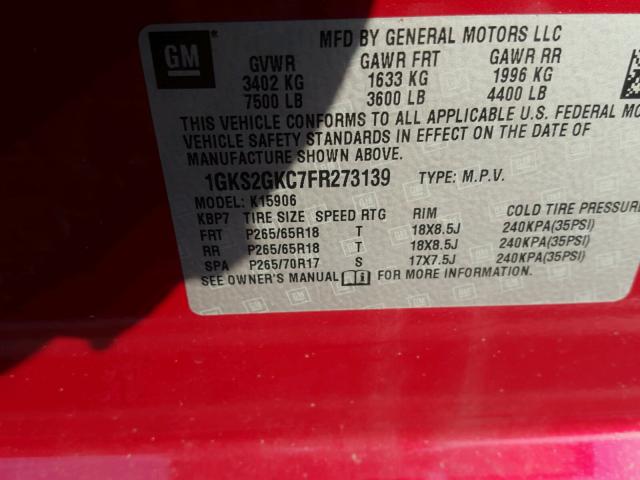 1GKS2GKC7FR273139 - 2015 GMC YUKON XL K RED photo 10