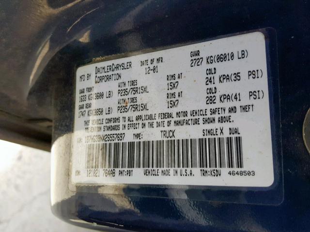 1B7HG38NX2S557697 - 2002 DODGE DAKOTA QUA BLUE photo 10