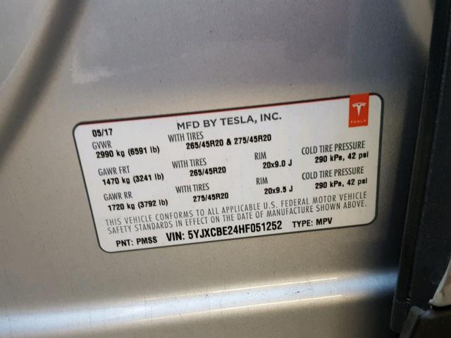 5YJXCBE24HF051252 - 2017 TESLA MODEL X SILVER photo 10