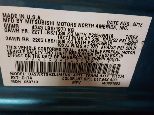 4A4AR3AU4DE002137 - 2013 MITSUBISHI OUTLANDER TEAL photo 10