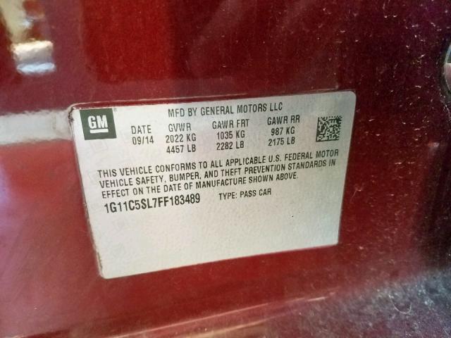 1G11C5SL7FF183489 - 2015 CHEVROLET MALIBU 1LT 勃艮第红 照片 10