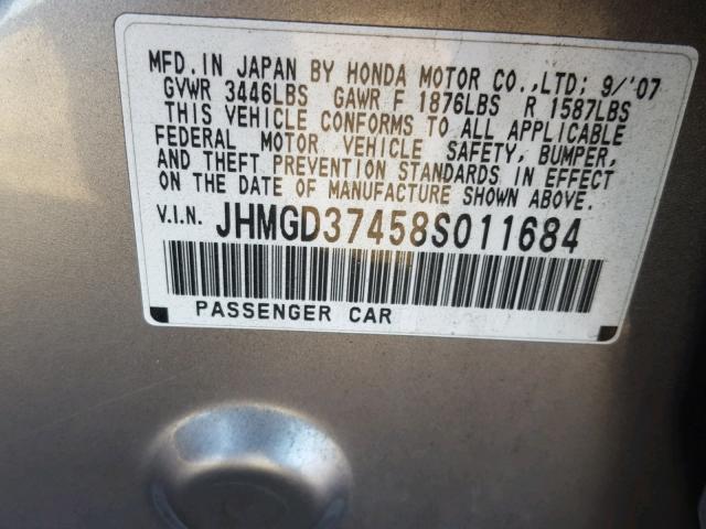 JHMGD37458S011684 - 2008 HONDA FIT GRAY photo 10