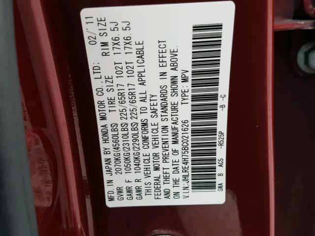 JHLRE4H75BC021626 - 2011 HONDA CR-V EXL MAROON photo 10