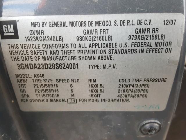 3GNDA23D28S624001 - 2008 CHEVROLET HHR LT GRAY photo 10