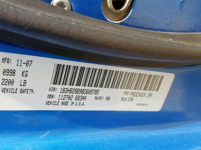 1B3HB28B98D609785 - 2008 DODGE CALIBER BLUE photo 10