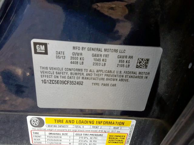 1G1ZC5E09CF352492 - 2012 CHEVROLET MALIBU 1LT 蓝色 照片 10