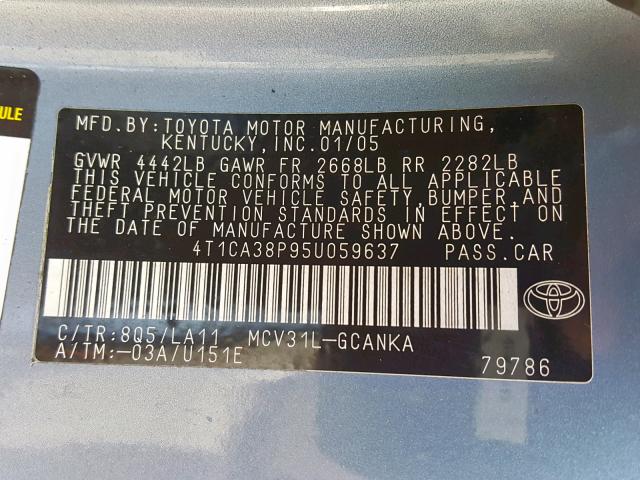 4T1CA38P95U059637 - 2005 TOYOTA CAMRY SOLA BLUE photo 10