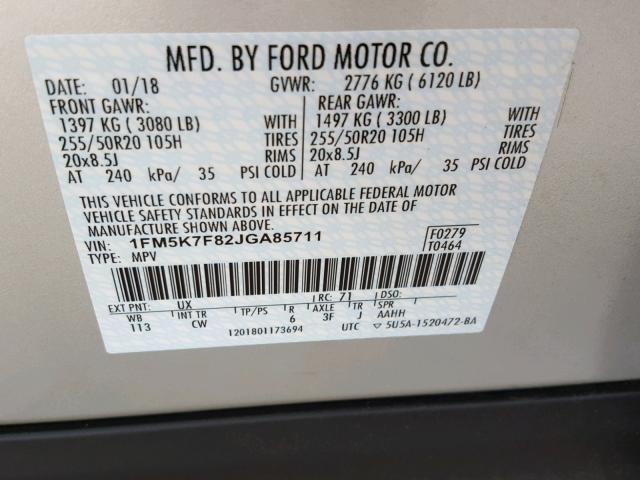 1FM5K7F82JGA85711 - 2018 FORD EXPLORER L SILVER photo 10