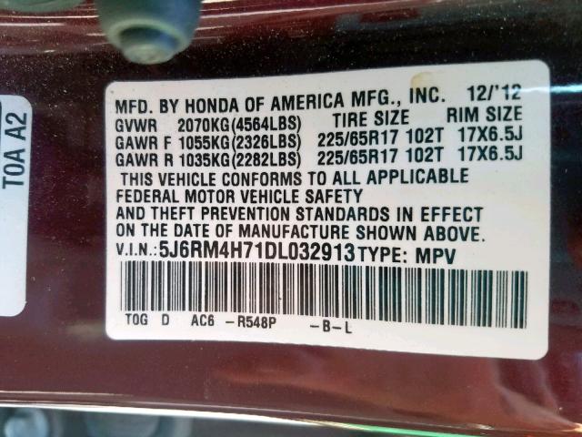 5J6RM4H71DL032913 - 2013 HONDA CR-V EXL MAROON photo 10