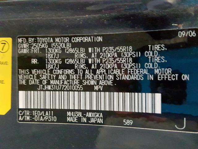 JTJHW31U772010055 - 2007 LEXUS RX 400H BLUE photo 10