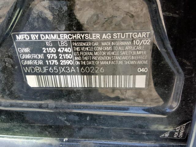 WDBUF65JX3A160226 - 2003 MERCEDES-BENZ E 320 BLACK photo 10